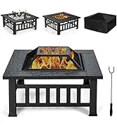 Giantex 32" Outdoor Fire Pit, 3 in 1 Square Wood Burning Fire Table, Multifunctional Firepit for ...
