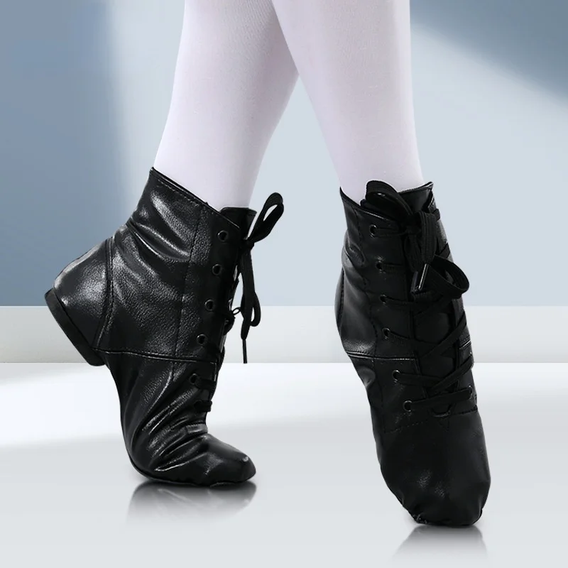 

Child Dancing Shoes PU Leather High Gang Mens Jazz Shoes Women Split Sole Soft Sneaker Gym Dance Black