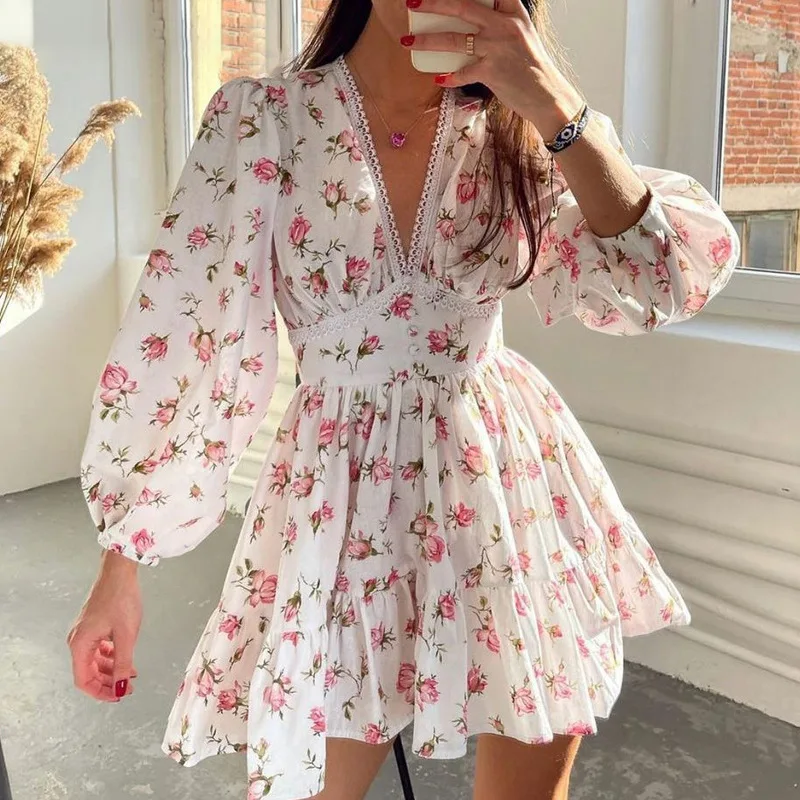 

OUSLEE-Women's V-Neck Floral Printed Mini Dress, Lace Patchwork, Elegant Lantern Long Sleeve Party Dress, Sexy, Spring, Summer
