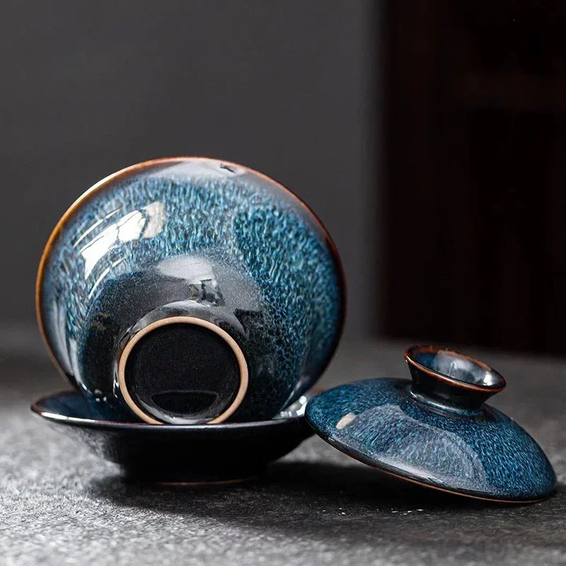 Blue star glaze gaiwan tea set cover bowl tea cups Chinese porcelain with lid hand-drawn lotus