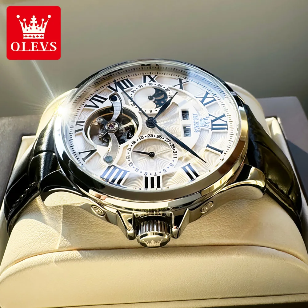 OLEVS 7013 Watch For Men Roman Scale Hollow Skeleton Waterproof Business Man Watches Moon Phase Automatic Mechanical Wristwatch