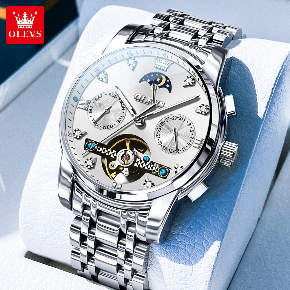 OLEVS 6678 Original Automatic Watch for Men Stainless Steel Waterproof Luminous Calendar Moon Phase Hollow Mechanical Man Watch