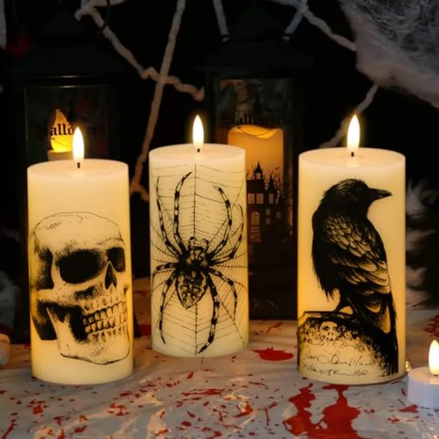 Halloween Flickering Candles Remote with Skull Spider Web Crow Raven Decals Set of 3 Battery Operated Halloween Themed LED Cand