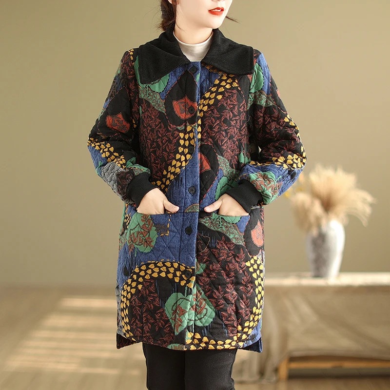 

Print Cotton Jacket For Women Autumn New Single-breasted Parkas Women's Casual Retro Plus Velvet Jackets Coat Woman