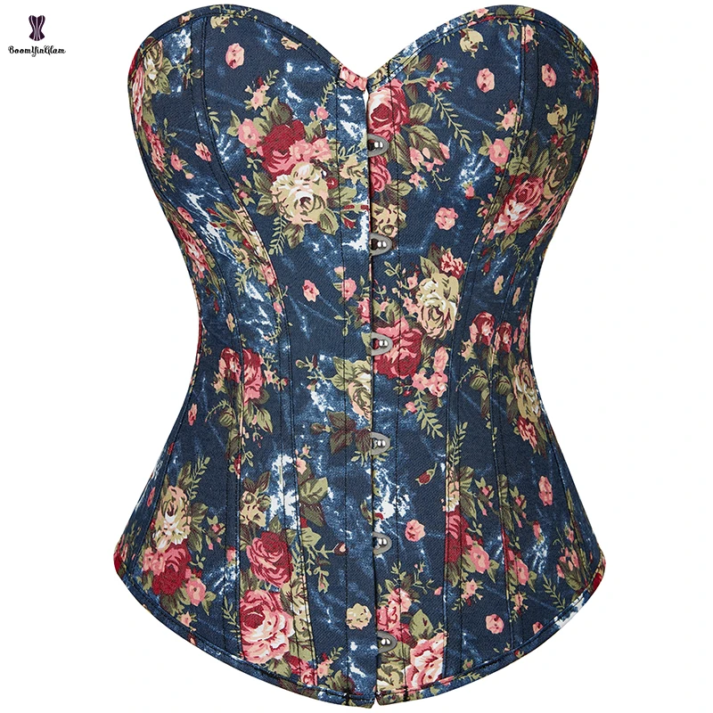 

Plus Size S-6XL Rose Print 14 Glue Boned Overbust Corselet Top Floral Women Jean Corsets And Bustiers With G String