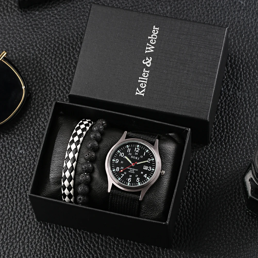 Stylish Watch Man Unique Bracelets Watch Gift Set Nylon Quartz Calendar Wristwatch Adjustable Bracelet Set Box Chic Souvenir