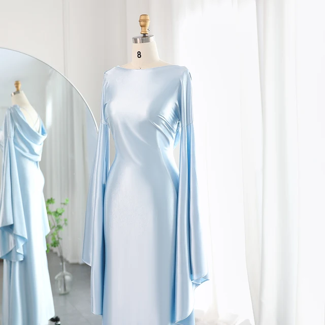 Arabic Light Blue Mermaid Evening Dress with Flare Long Sleeves Criss Cross Dubai Women Wedding Party Gowns F027 5