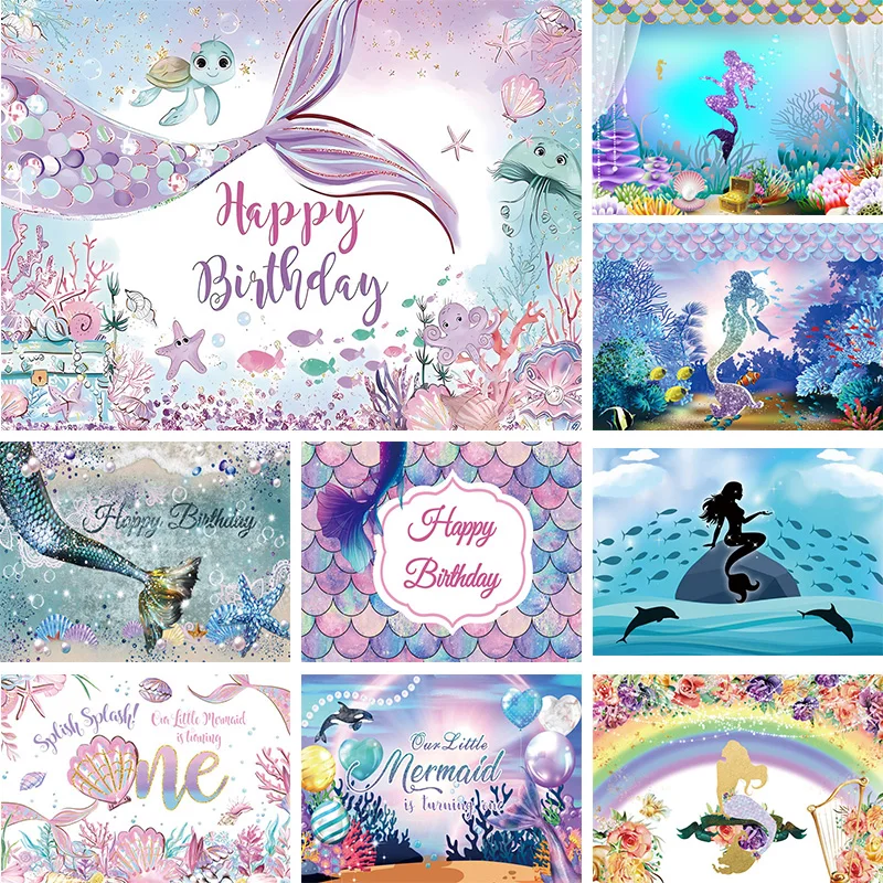 

Little Mermaid Tail Photography Backdrop Under The Sea Birthday Party Girl Fish Scales Decorations Wedding Photo Background