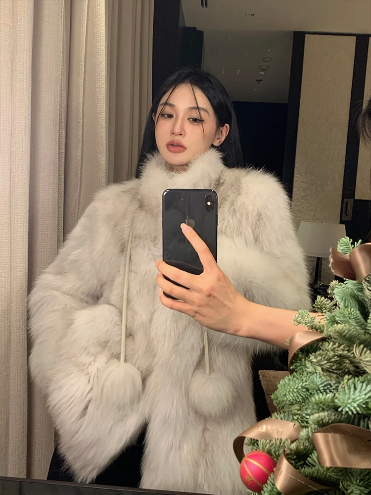 

Leather Fur Coat Women's Solid Color Thickened Belly Fur Stand Collar Long Sleeve Mid-Length Autumn and Winter Fashion Loose 1Pc