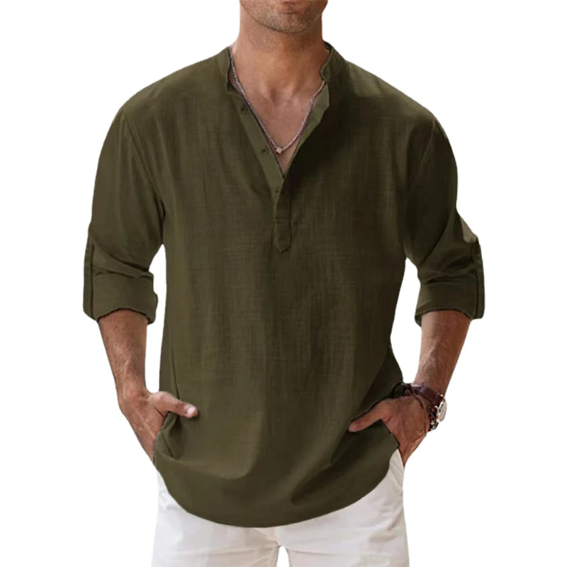 Cotton Linen Shirts Lightweight Long Sleeve Henley Beach Hawaiian T