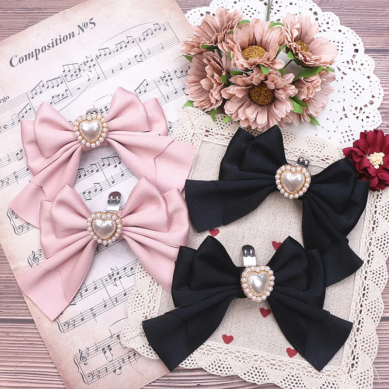Handmade Japanese Style Pearl Heart Big Bow Shoe Clip Student Girls Sweet Cute Shoe Buckle Lolita Shoe Accessories