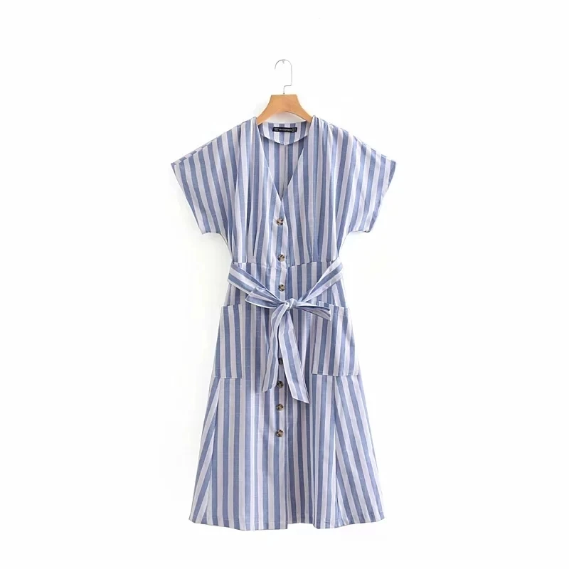 

women v neck sashes patch pocket striped long dress short sleeve loose dresses fashion streetwear femme vestidos D1630