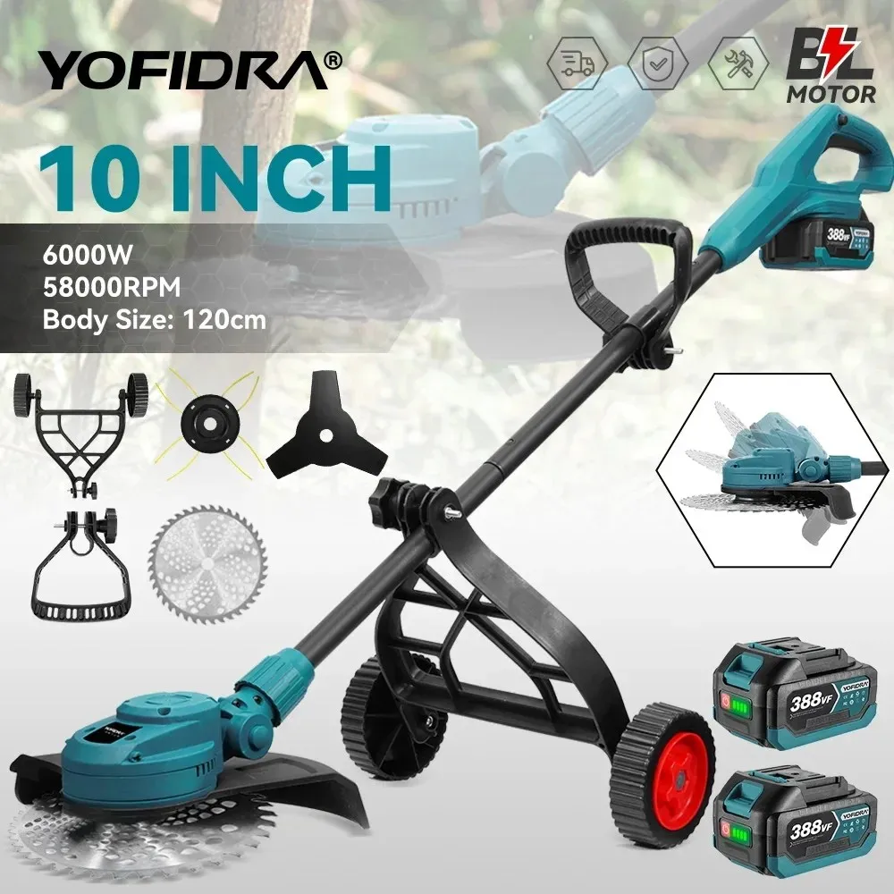 YOFIDRA Cortador de Grama Elétrico Brushless 10 Polegadas 6000W 58000RPM Dobrável Jardim Aparador de Grama Ferramenta Elétrica Compatível com Bateria Makita 18V Pino