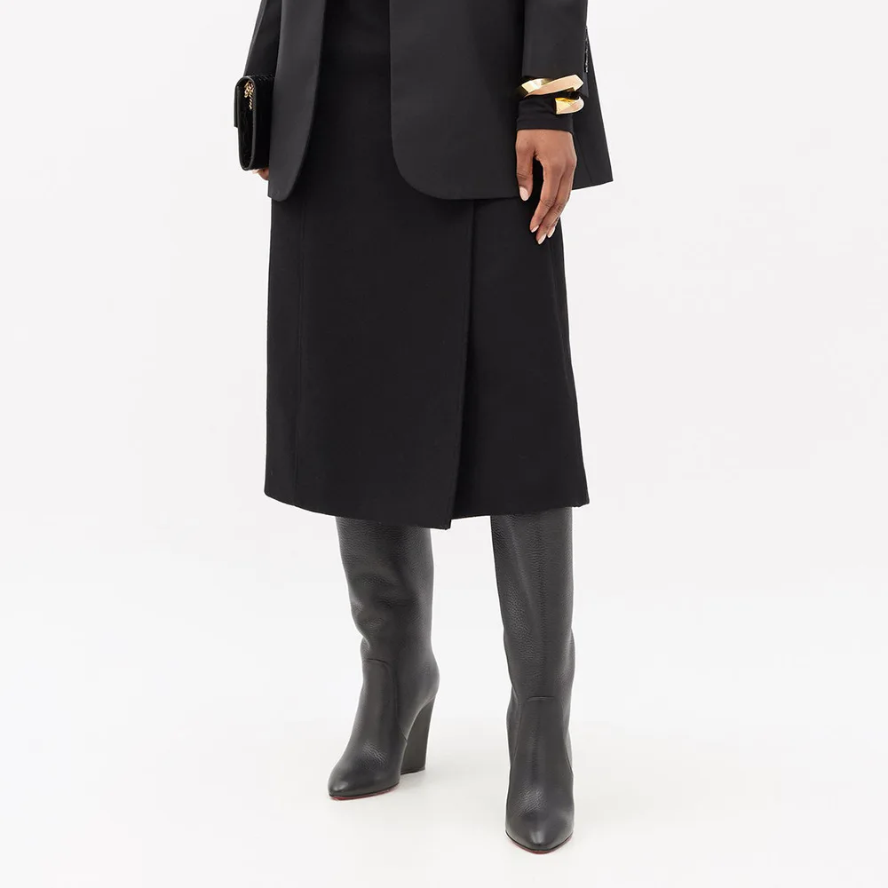 2022 Winter Long Boots Wedges High Heel Knee Boot Ladies Pointed Toe Party Evening Shoes Black Boots Plus Size Free Shipping