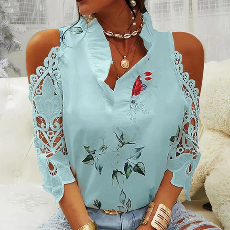 Women's Sexy Hollow Out Print Blouses Elegant Short Sleeve Lace Shirt V-Neck Female Strapless Blouse Casual Tops Summer 19361