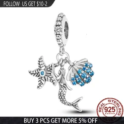 HOT New Arrival 925 Sterling Silver Blue Zircon Shell Charms With Mermaid Beads Fit Pandora Bracelet Making DIY Woman Jewellry