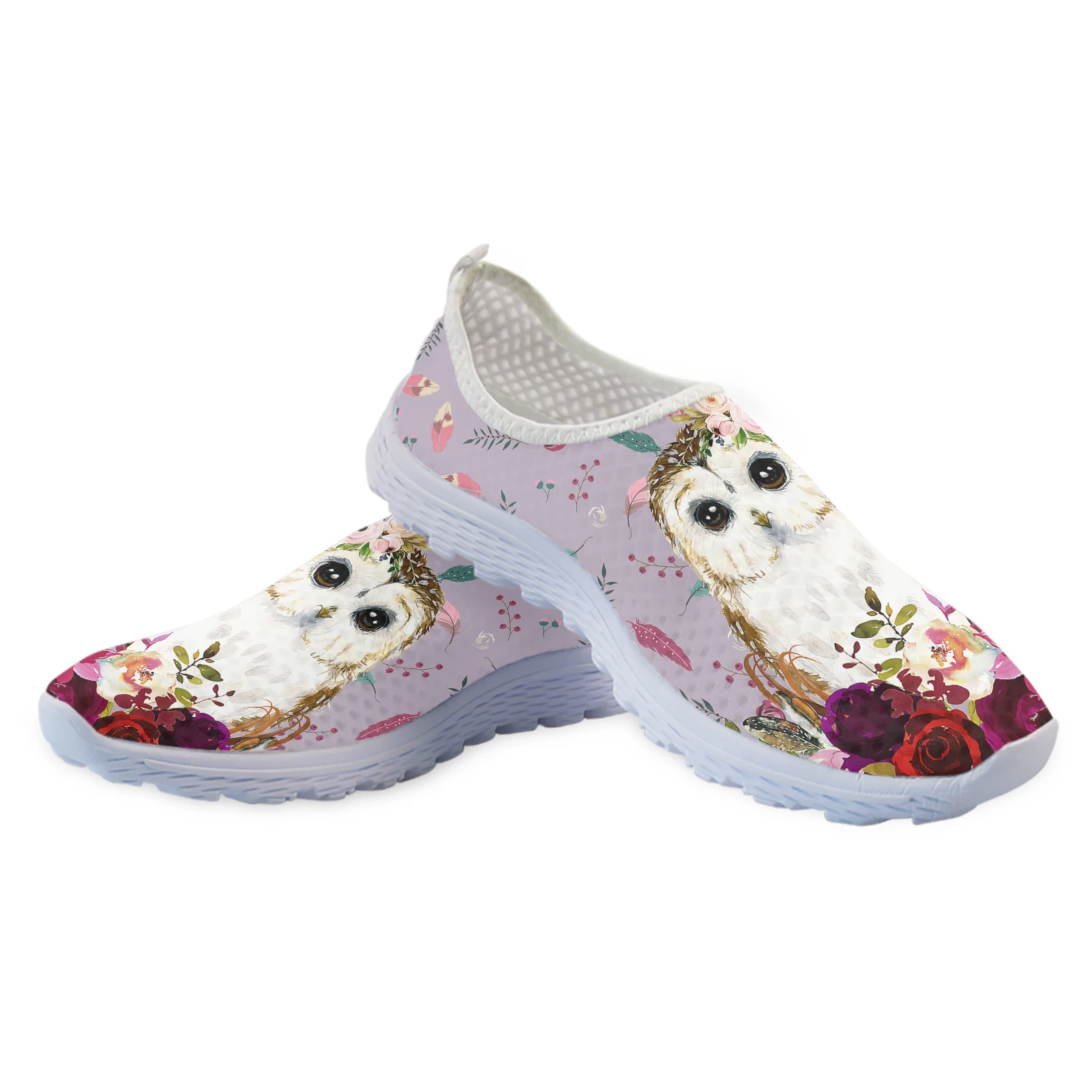 Lavender Cartoon Owl Flower Print Lightweight Flat Loafers Ladies Animal Print Summer Breathable Mesh Shoes Zapatos