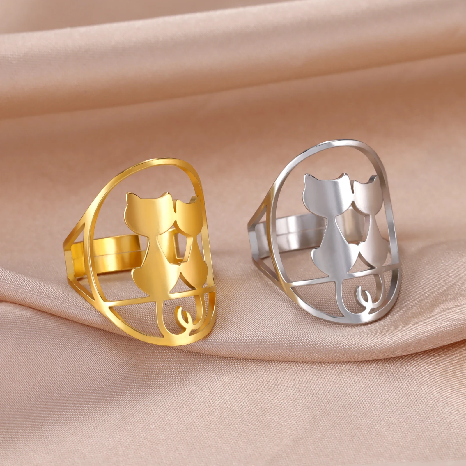 Full Moon Cat Ring for Girl Out Cute Kitten Ring Fashion Stainless Steel Jewelry - PeticaDeals