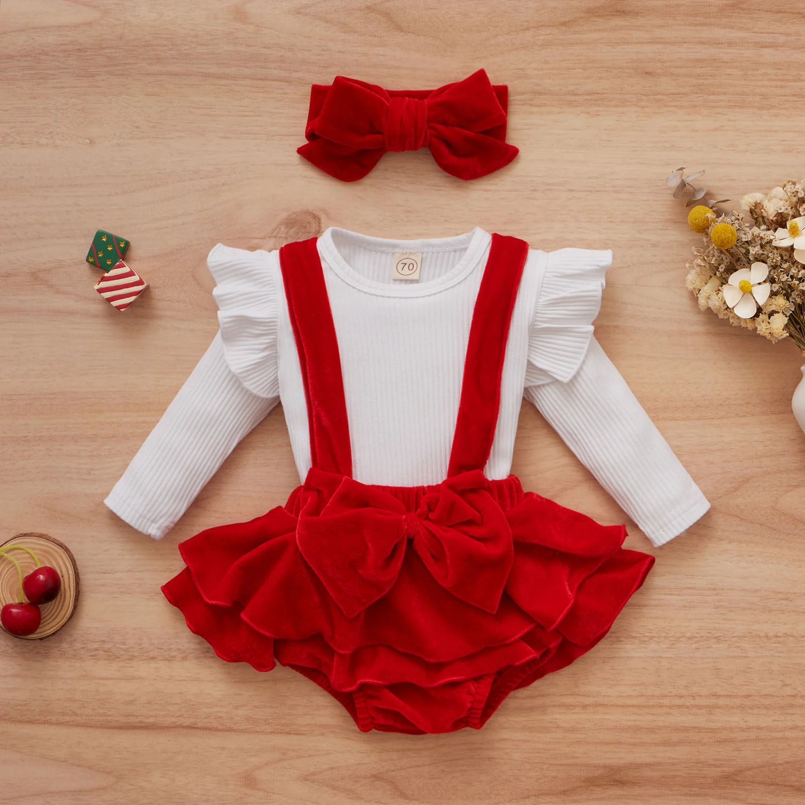 

0-18m Valentines Day Newborn Infant Baby Girl Clothes Set Knitted Ruffles Romper Red Bow Shorts Overall Xmas Outfit Dd40