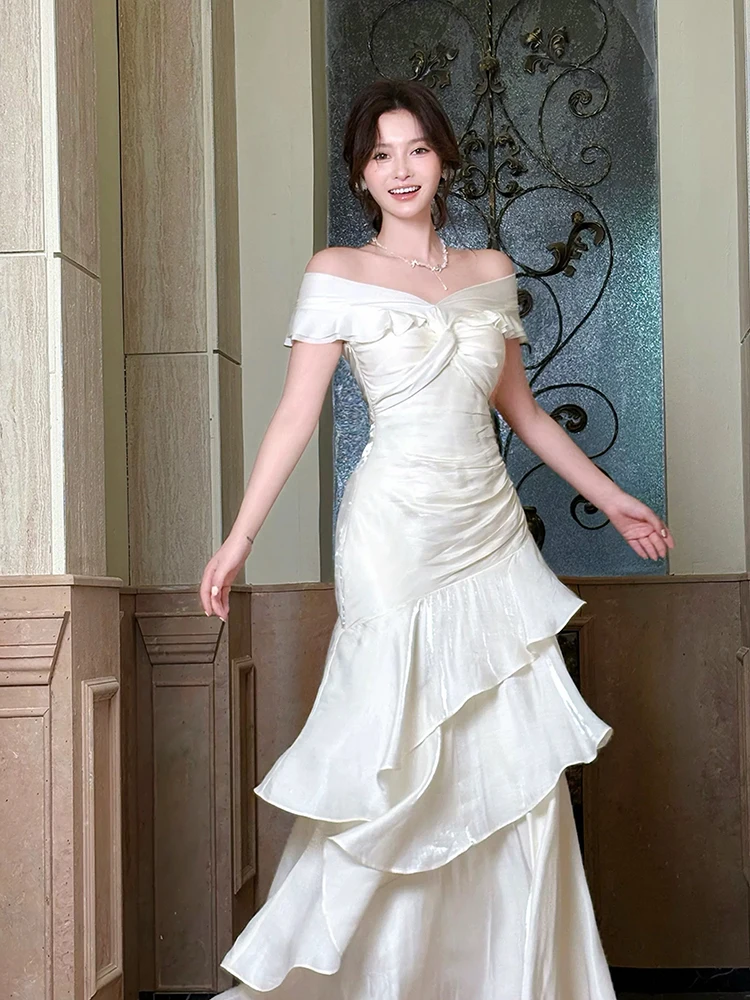 Nuovo Abito Lungo Elegante Francese da Donna, con Volant, Scollo a Barca, Vestito a Sirena Slim, Senza Maniche, Stile Tromba, Estetico Femminile - immagine 4