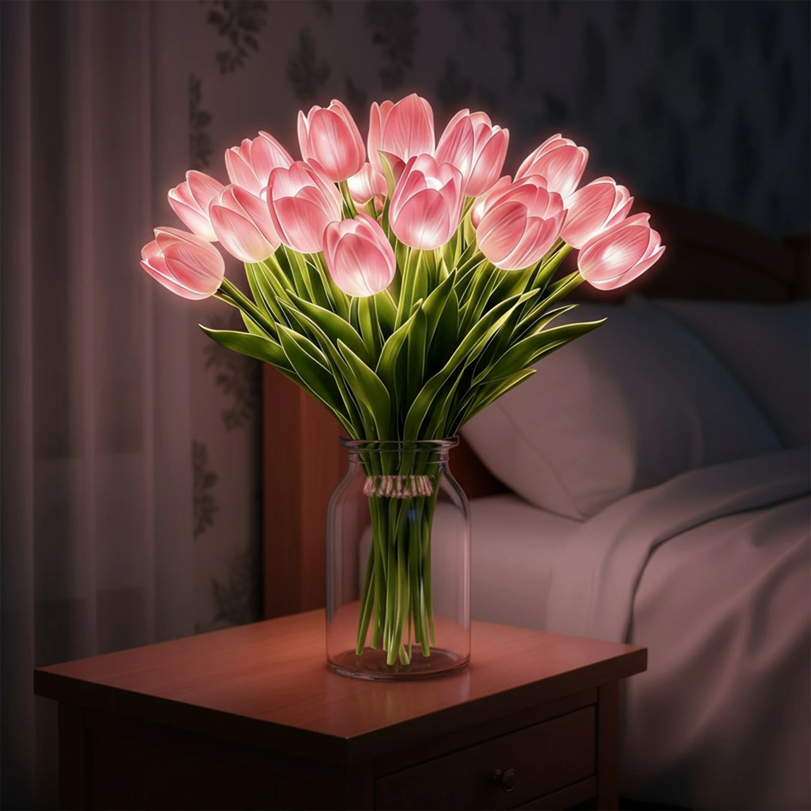 15 Stück künstliche Blumen-Nachtlampe, strahlendes, romantisches Tulpenlicht, warmes Licht, blumenförmige Umgebungslampe für Schlafzimmer, Nachttisch-Dekoration
