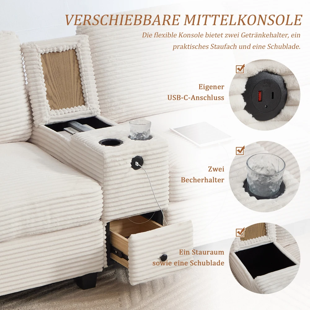 Großes Kordelsofa mit Komfortschaumstoff, 2 Getränkehaltern, USB-C-Anschluss, Seitentasche, Ablagefach, mobilem Aufbewahrungsfach – Detail 11
