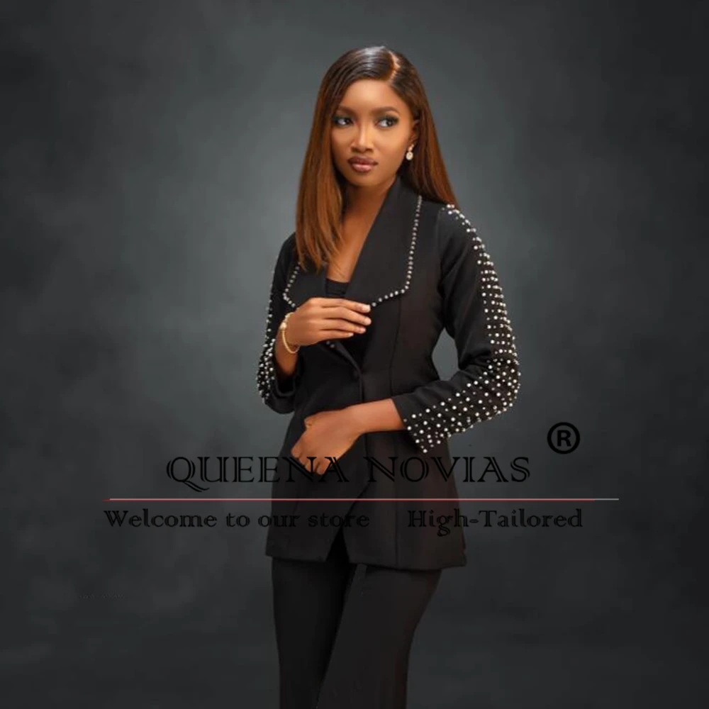 

Unique Black Women Pants Suits 2 Pieces Mother Of Bride Dress Tailored Handmade Beaded Peals Blazer Trousers Female Clothing