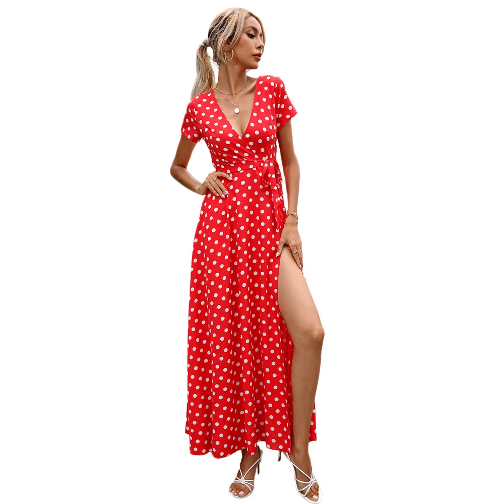 

Polka Dot Split Hem Maxi Sundress Women Summer Short Sleeve Long Dress Casual Vacation V-Neck Belted Vestidos Sashes Maxi Long