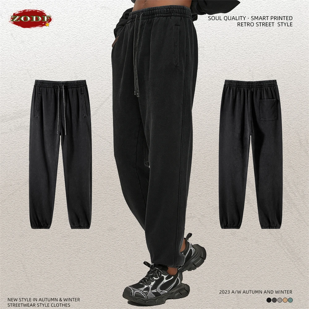 ZODF Retro Autumn Winter Men Batik Washed Cotton Sweatpants Unisex Loose Heavy Weight 420gsm Solid Joggers Pants HY0666 5