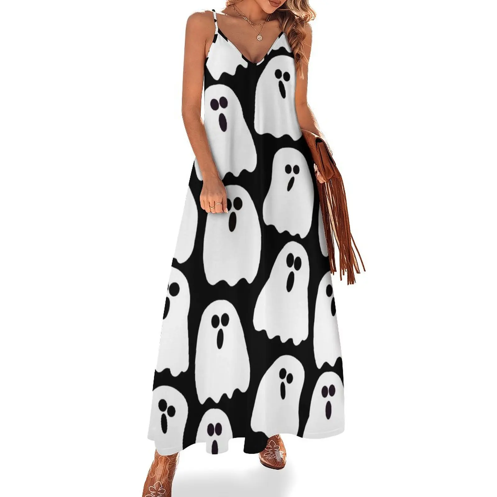 

Halloween Black and White Ghosts Pattern Sleeveless Dress Female clothing Party dresses clothes for woman Woman fashion