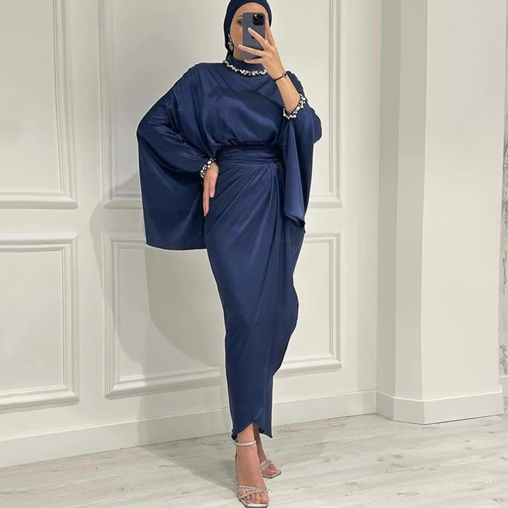 

Flechazo High Neck Muslim Evening Dress Long Sleeves Ankle Length with Pleat Women Beading Party Gowns for Wedding Guest