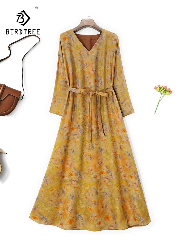 

BirdTree, 32MM Silk Watered Gauze Elegant Dresses, Women Long Sleeve Printed, Party Retro Commute Dress, 2024 Summer D46620QC