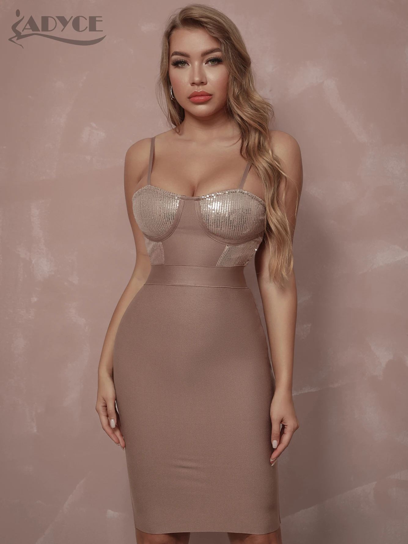 

Adyce Spaghetti Strap Celebrity Club Bandage Dress For Women Sexy Sleeveless Sequins Midi Hot Evening Runway Party Outfits Dress