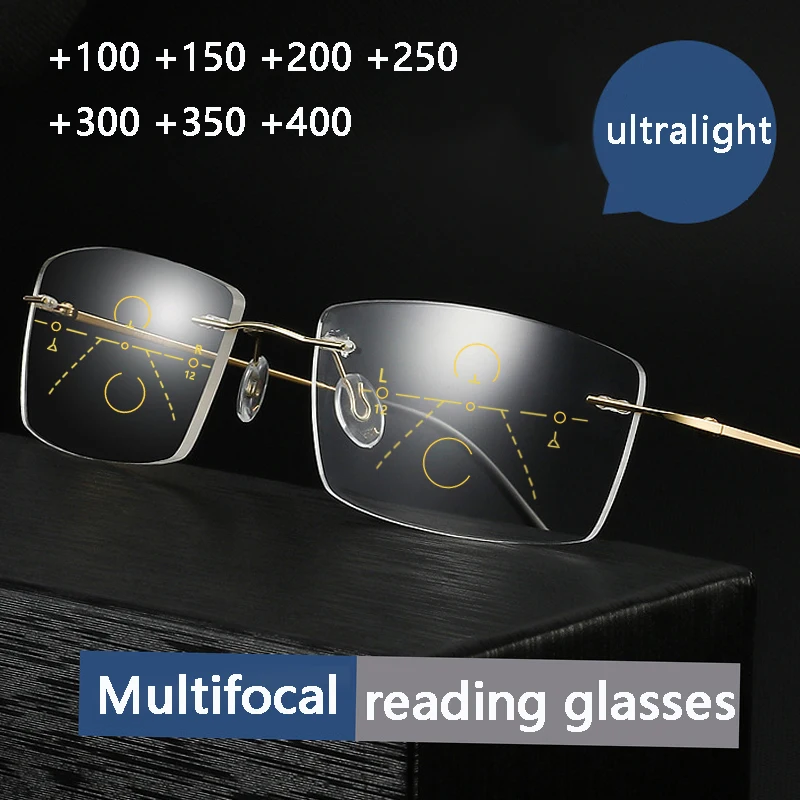 

Titanium Rimless Multifocal Reading Glasses Men Photochromic Anti Blue Light Presbyopic Glasses Women Near and Far Eyeglass TR90