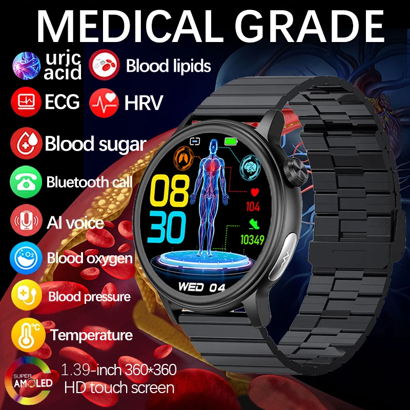 2024 Healthy Laser Treatment Men Heart Rate Smart Watch Blood Sugar Bluetooth Call Full Touch Screen Sport Fitness Smartwatch