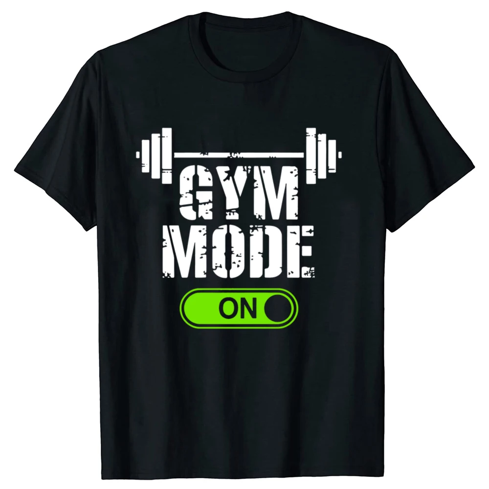 Lustiges Gym Mode On Barbell Grafik-T-Shirt für Herren und Damen, modisches, lässiges T-Shirt aus 100 % Baumwolle, lockeres, übergroßes T-Shirt