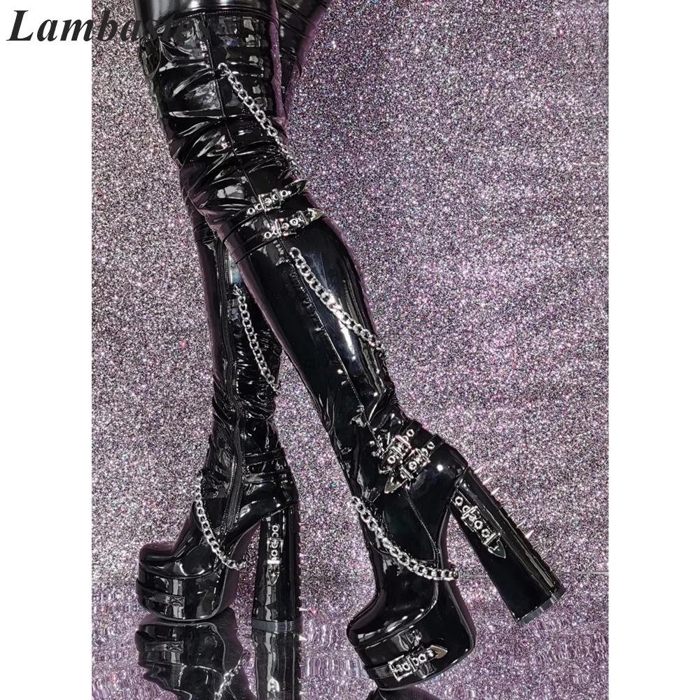 

Thigh High Black Platforem Buckle Strap Chain Decor Boots Chunky High Heel Women Shoes Side Zipper 2023 Fashion Zapatillas Mujer