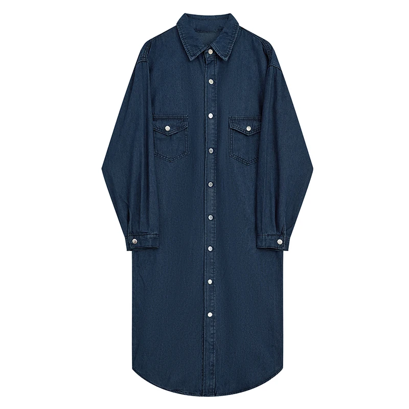 

SuperAen Retro Denim Dress Women 2023 Autumn New Korean Pocket Loose Lapel Jeans Shirt Dress