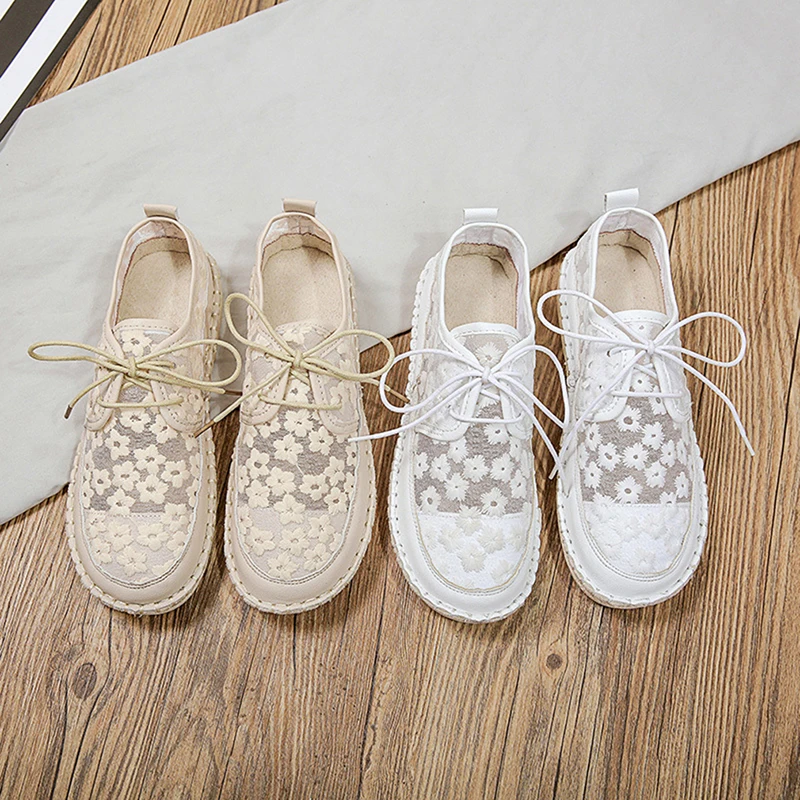 Women's Breathable Mesh Flower Lace Casual Shoes Fashion Flats Shoes Shallow White Loafers 35-40
