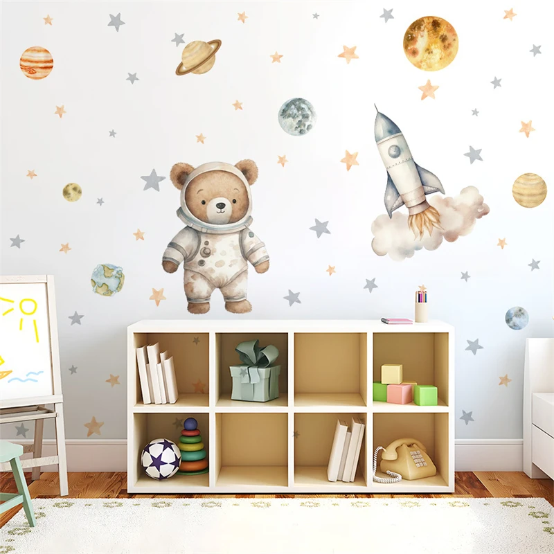 Cartoon Bear Astronaut Space Wall Sticker Baby Room Decoration Rocket Stars Decal Kids Room Wallpaper