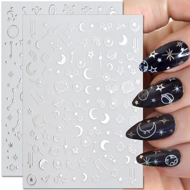 

3D Glitter Gold Silver Star Moon Nail Stickers Metallic Geometric Starry Heart Nail Decals Self-Adhesive Nail Art Decorations