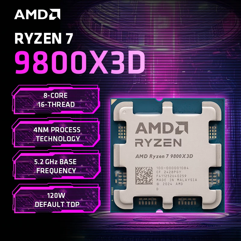 AMD Ryzen 7 9800X3D 100% абсолютно новий AMD R7 9800X3D Max Boost 5,2 ГГц, 8 ядер, 12 потоків, 64 МБ кеш-пам’яті AM5 без коробки для B850 X870