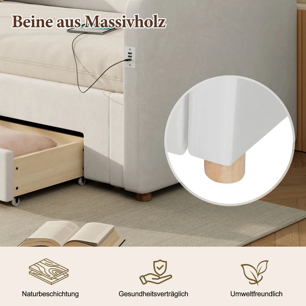 90 x 200 cm großes Polsterbett, Tagesbett, modernes Schlafsofa, mit 2 Schubladen zur Aufbewahrung, ausziehbar auf 180 cm, mit USB-Anschluss, für Schlafzimmer – Detail 21
