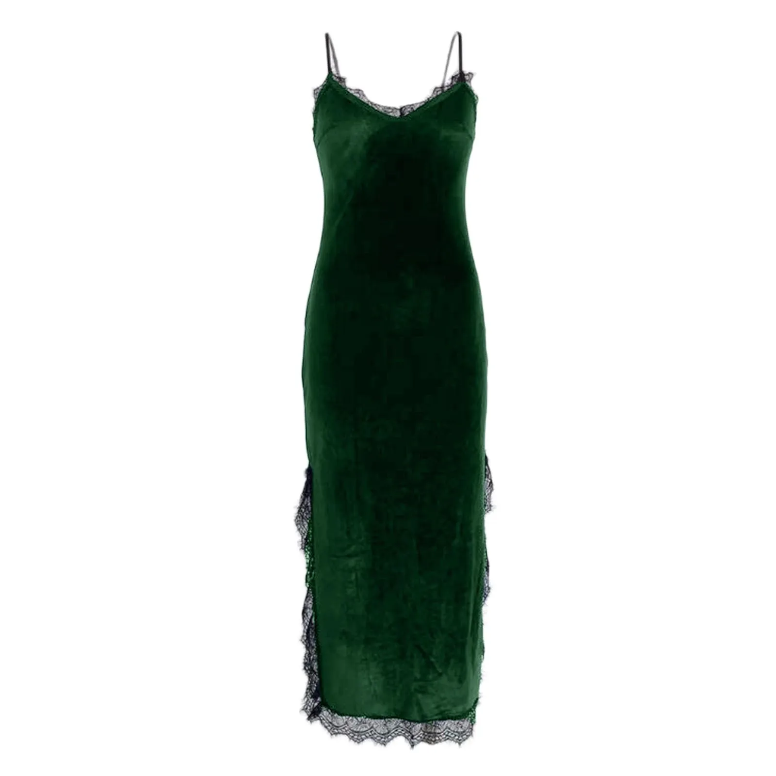 Velvet Night Dress Women Sleeveless Autumn Winter Lace Patchwork Sling Long Home Sleepwear Nightgown Dress Intimates Nightdress