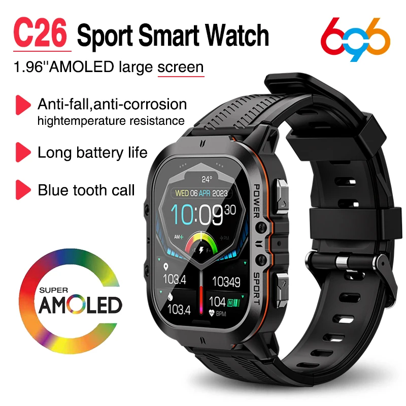 

2023 New 1.96" AMOLED Men Outdoor Sports Smart Watch Blue Tooth Call Heart Rate 350Mah 1ATM Waterproof Watches Music Smartwatch