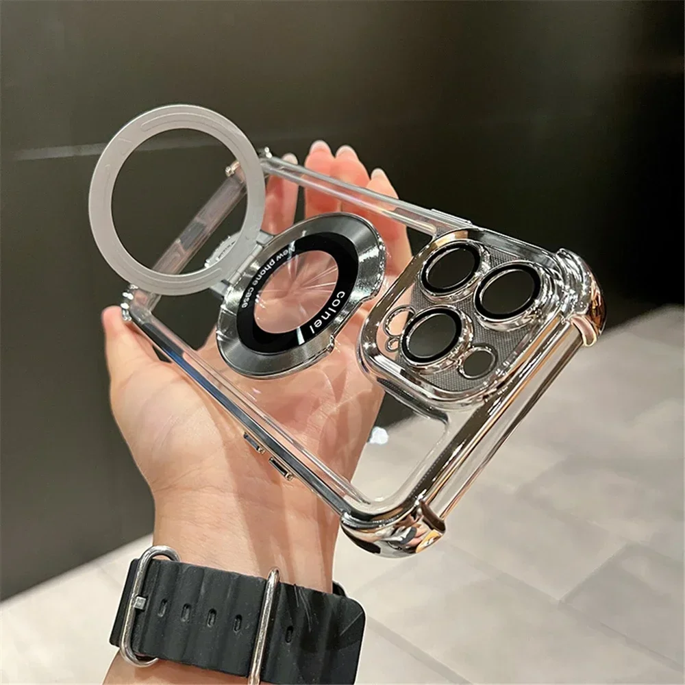 Luxury Plating Shockproof Magnetic Stand Clear Phone Case with Holder