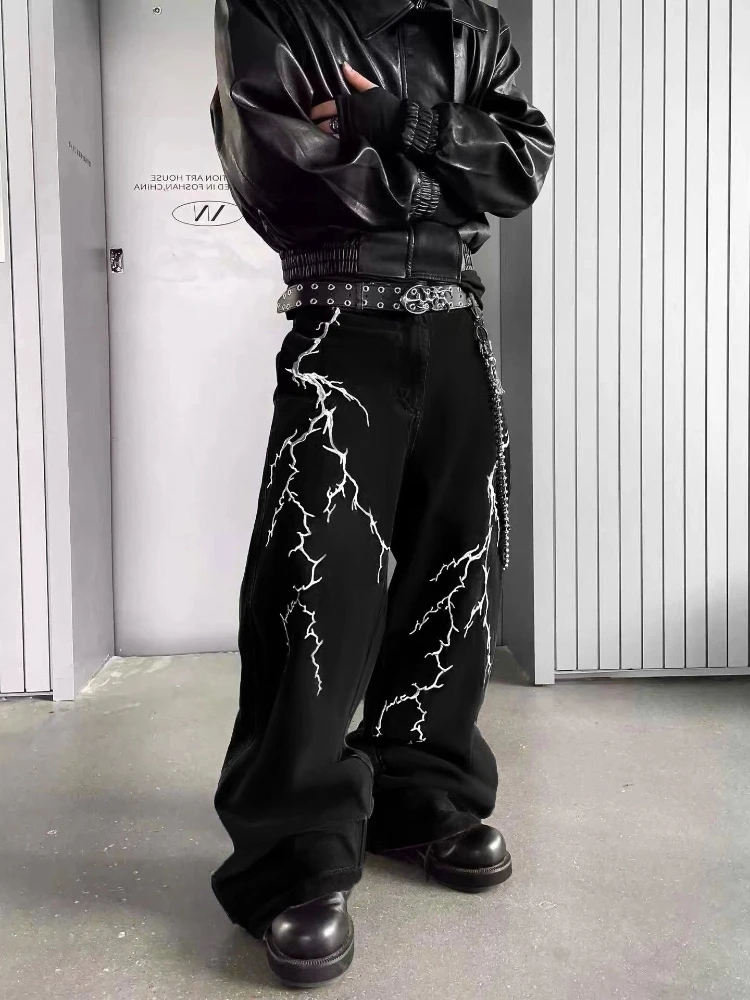 Y2k Fashion Baggy Jeans Black Men's Streetwear Straight Oversize Wide-leg Pants Vintage Lightning Pattern Loose Denim Trousers 3