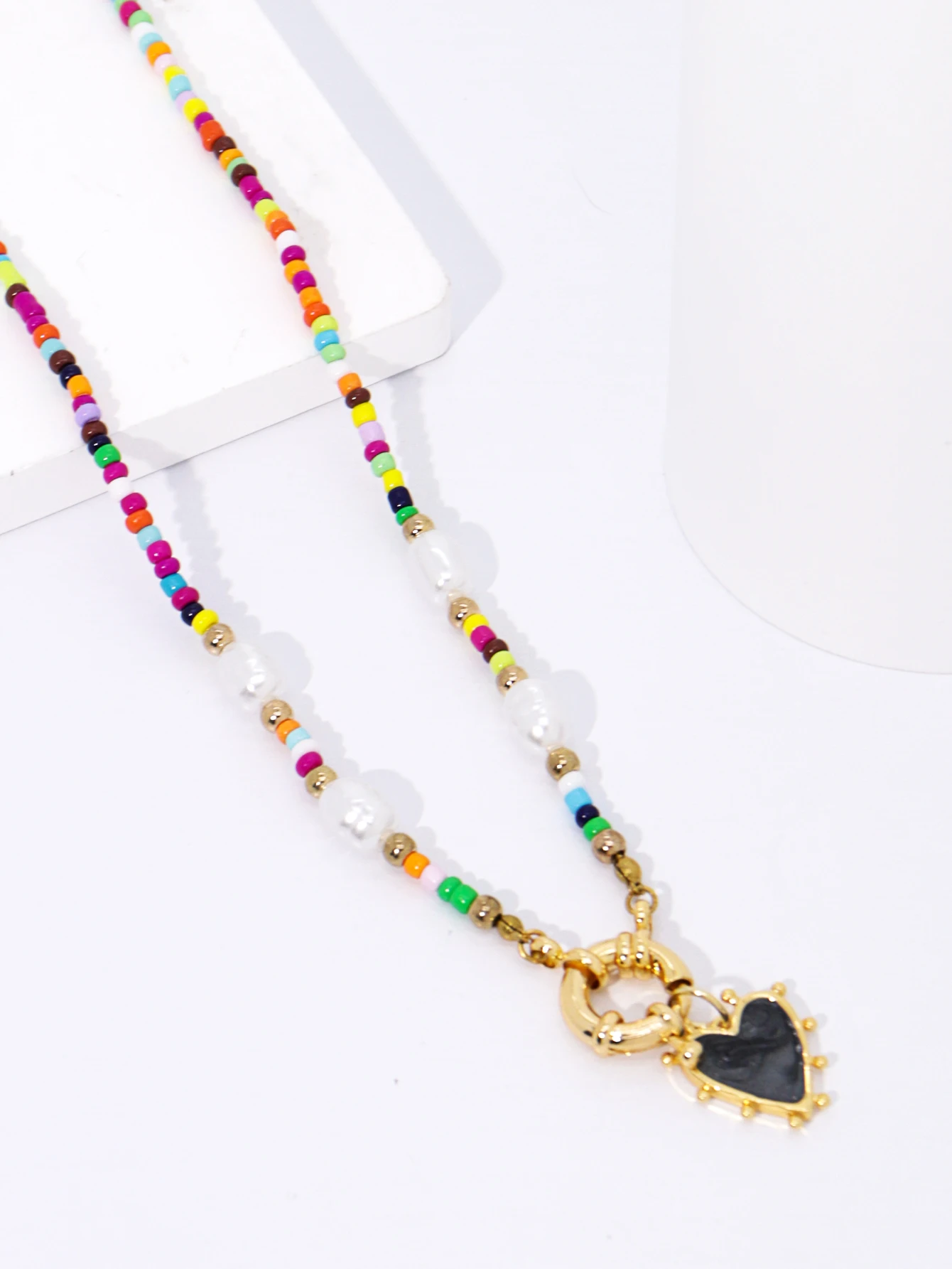 Womens Handmade Beaded Necklace with Heart Pendant & Golden Clasp