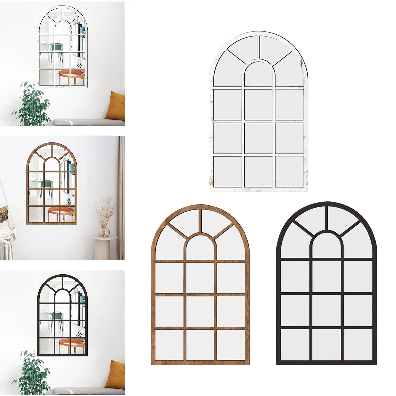 Arched Window Wall Mirror Simple Wood Acrylic Wall Art Decorative Mirror for Farmhouse Bedroom Living Room Vanity Home Decor