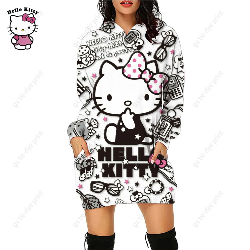 

Women's Loose Fitting Casual Long Sleeved Hoodie Dress 2024 Autumn/Winter Hello Kitty Print Longer Pullover Sweatshirt For Women